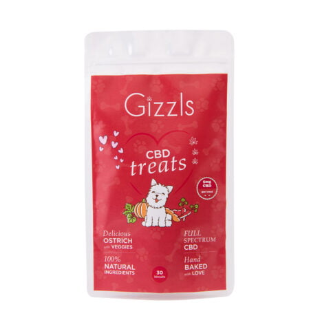 GIzzls CBD Treats for dogs, 30 Ostrich Flavoured treats for large dogs, front red package